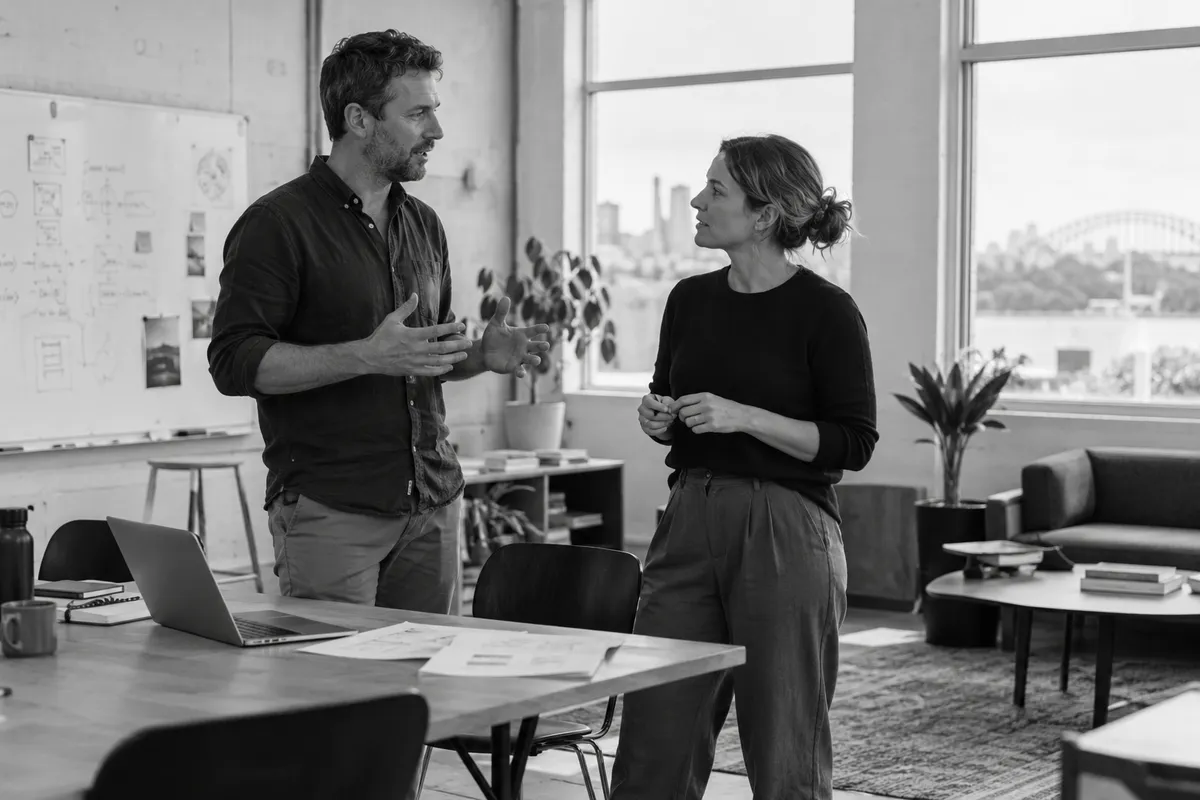AI-generated black-and-white image of two professionals discussing a project in a workshop